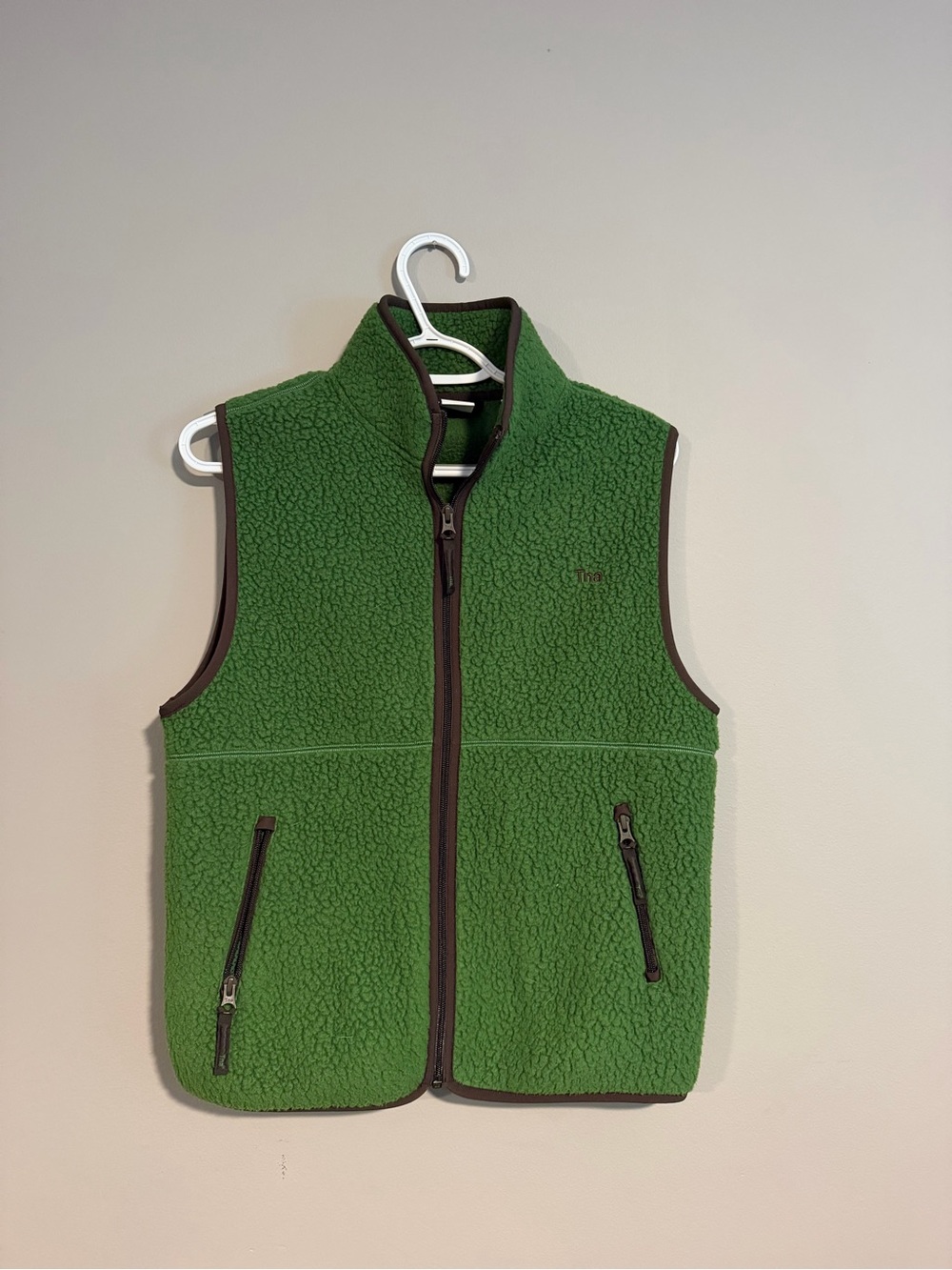TNA Green Sherpa Fleece Vest with Brown Trim